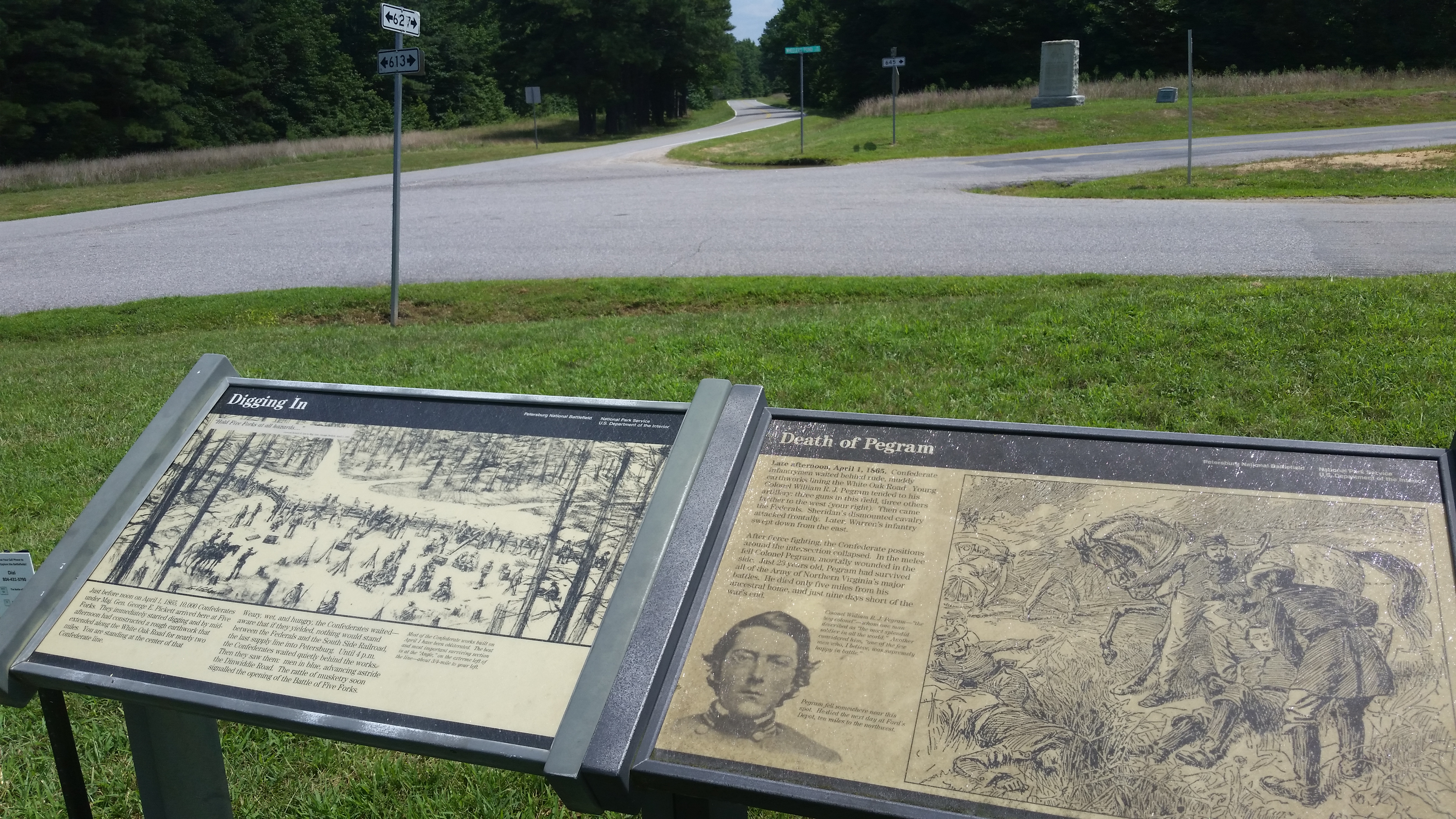 National Park Service markers for the Battle of Five Forks, looking south. Photo taken on August 6, 2016.