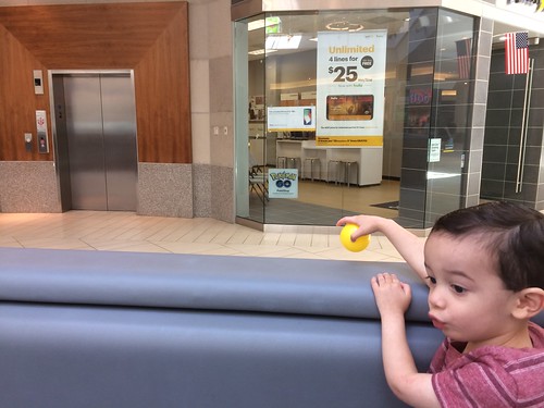 Ezra (24 months) points at elevator