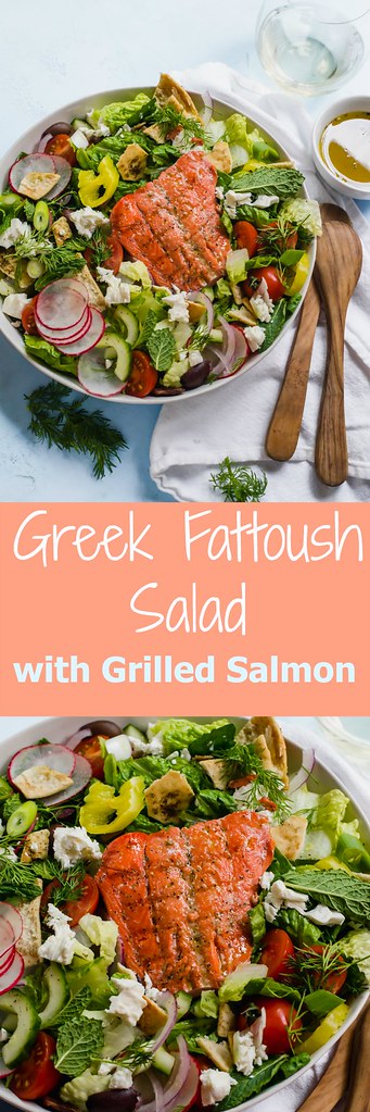 Loaded Greek Fattoush salad with grilled salmon, hearty vegetables and fresh herbs, creamy feta cheese and toasted pita chips. This is the ultimate Greek salad.