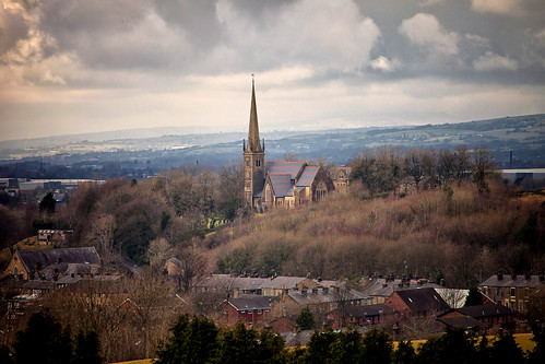 rochdale village newhey stthomaschurch stthomastheapostle landscape lancashire land sky clouds spire views horizon sunlight fields trees industry house 70200mm ef70200mmf4lusm ef70200mm canon70200mm canon5dmarkll canon5d canoneos5dmarkii canon outdoor outside