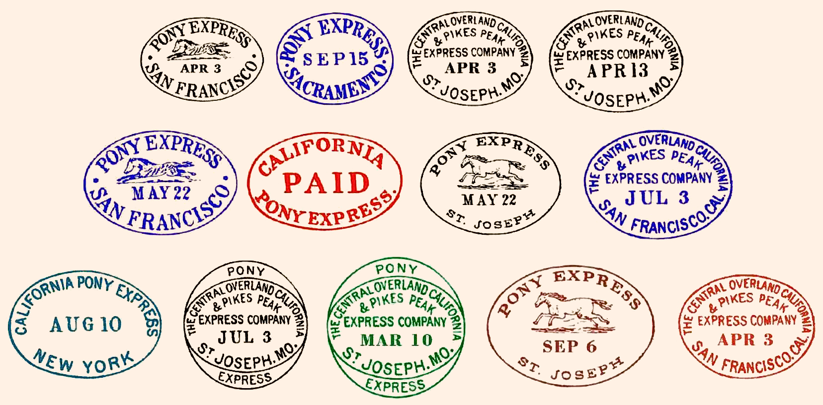 Examples of postmarks applied to mail transported by the Pony Express.