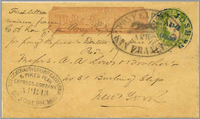 Cover carried on the first eastbound trip of the Pony Express, April 3, 1860. There are only two letters known to exist from the inaugural trip from San Francisco to St. Joseph. [Image from Richard Frajola, via Wikipedia]