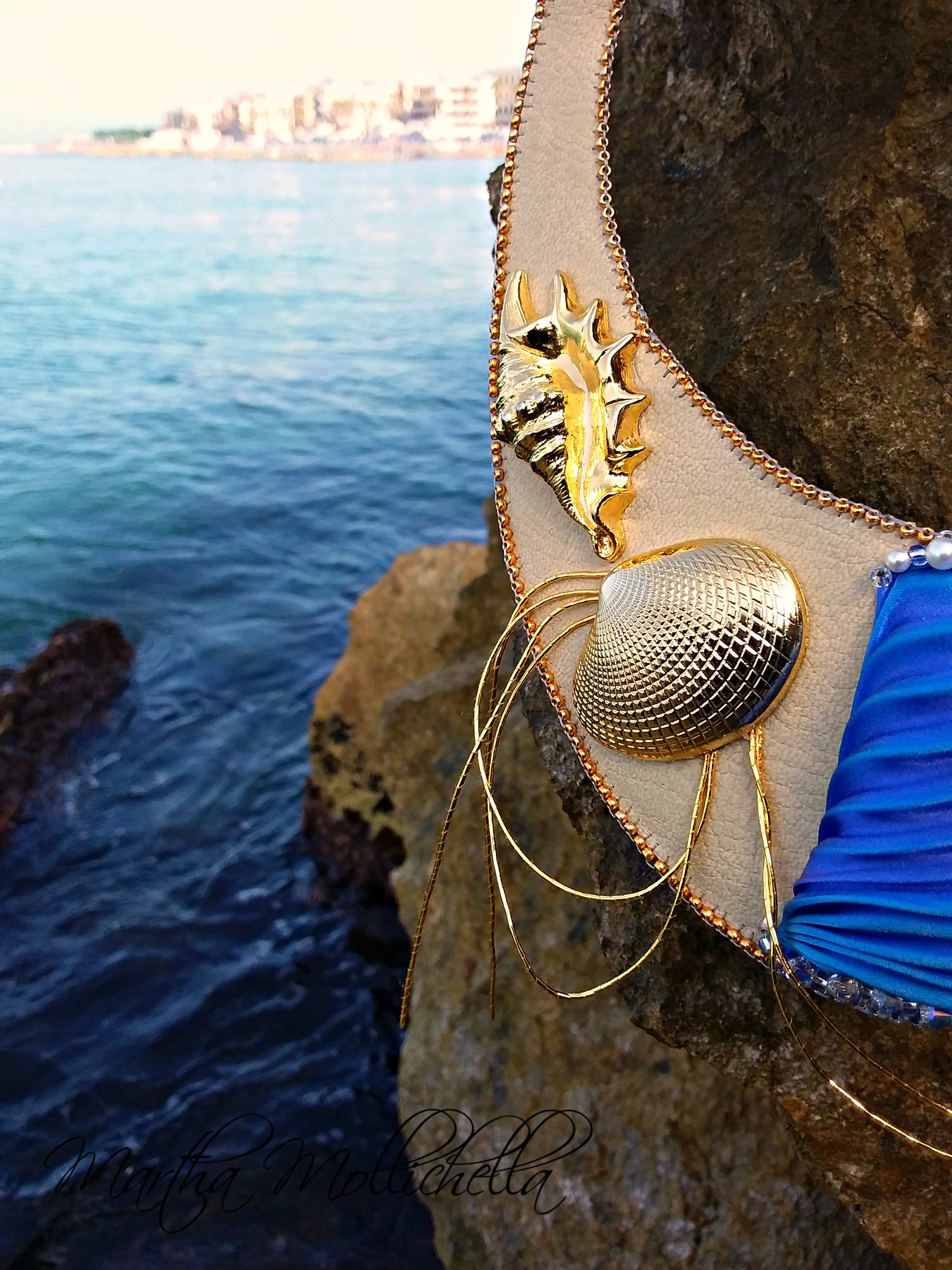 Shibori bead embroidery sea necklace by Martha Mollichella