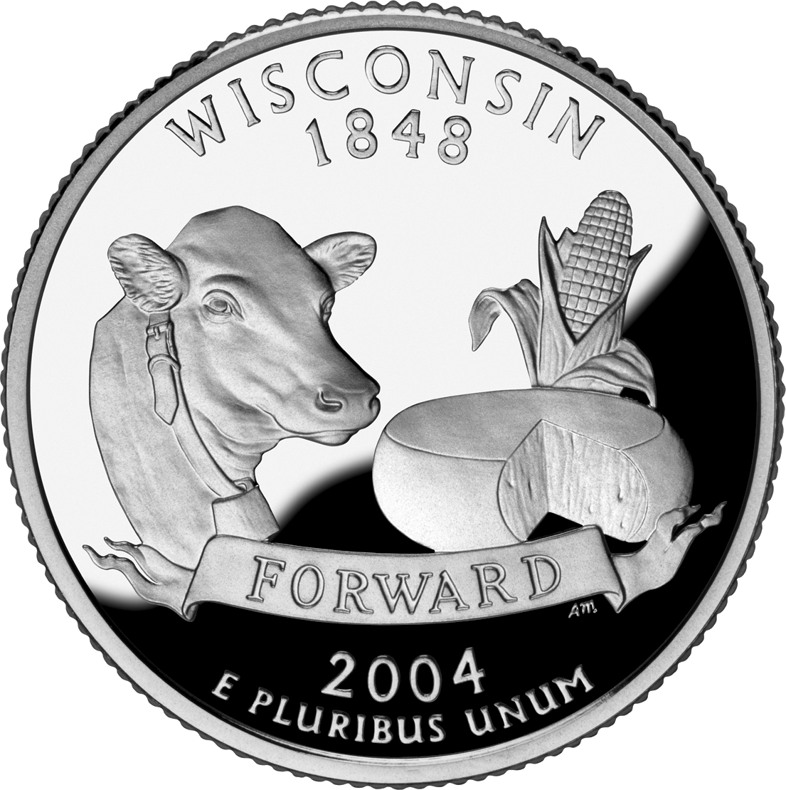 Wisconsin State Quarter features the head of a cow, a round of cheese and an ear of corn (state grain) with a banner bearing the state motto,: