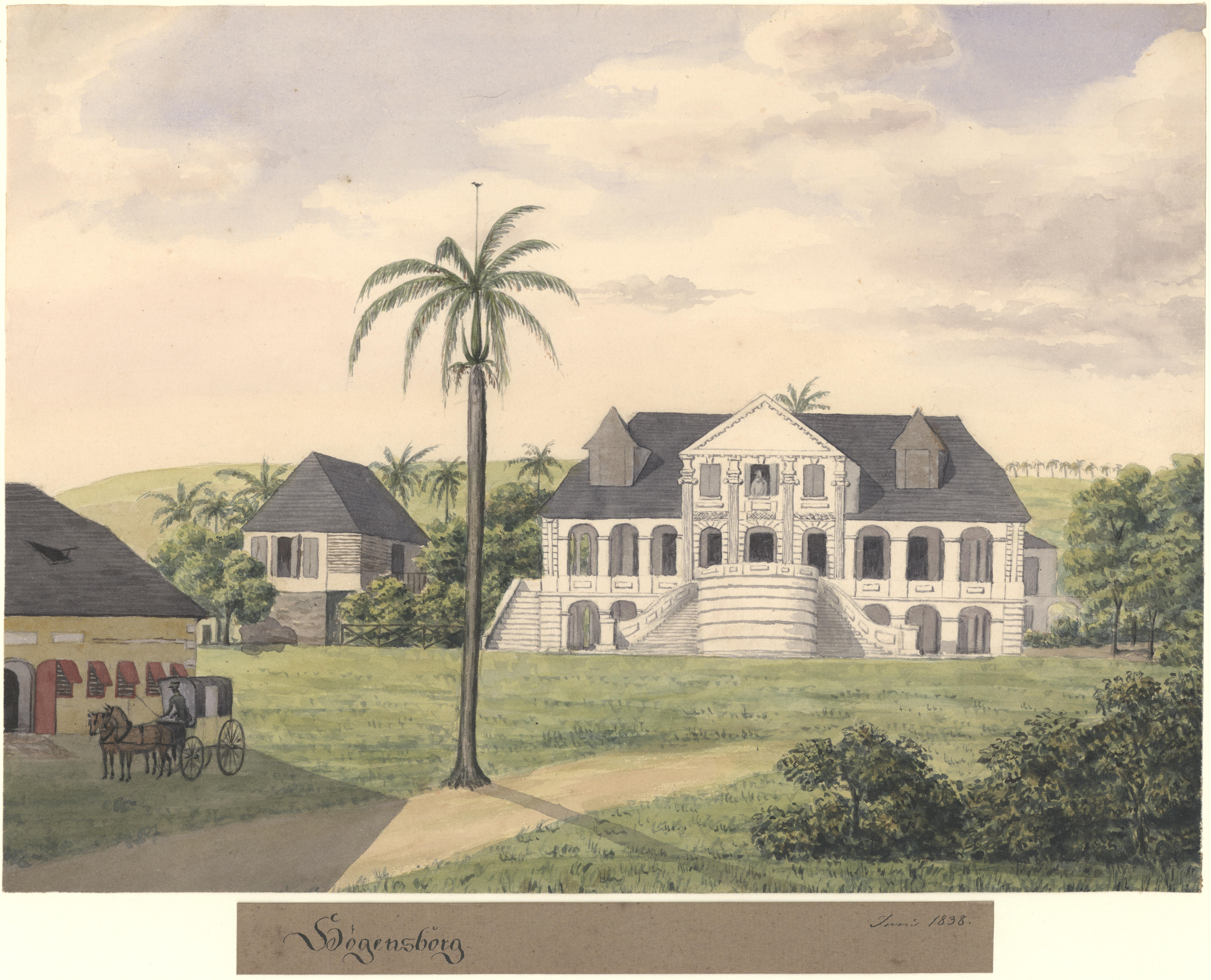The Høgensborg estate on St. Croix, Danish West Indies drawn by Frederik von Scholten June 1838.