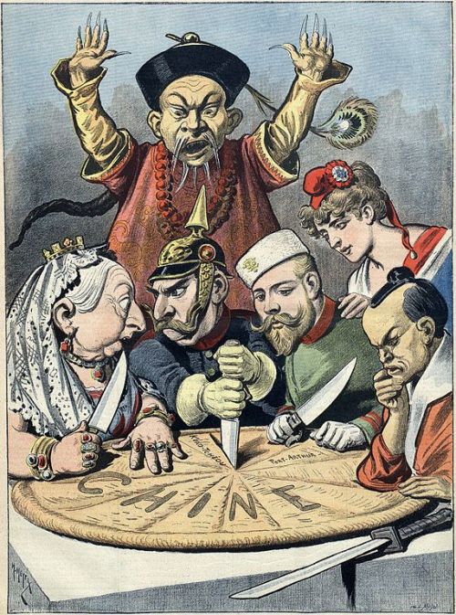 A French political cartoon in 1898 depicting China as a pie about to be carved up by Queen Victoria , Kaiser Wilhelm II , Tsar Nicholas II , Marianne and a samurai , while a Chinese helplessly looks on.