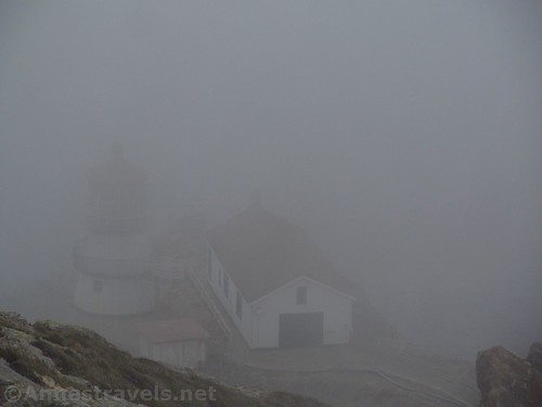About the best view we got of the lighthouse - the fog was thick! Point Reyes National Seashore, California