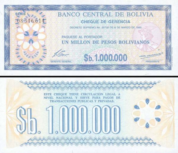 1 000 000 Pesos Bolivianos Bolívia 1985, P192Ca