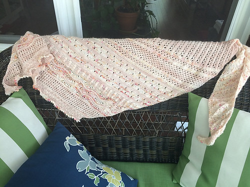Lise (Mattedcat)’s oh so subtle Local Yarn Shawl...off the needles and ready to be blocked!