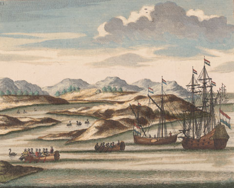 Willem de Vlamingh's ships, with black swans, at the entrance to the Swan River, Western Australia, coloured engraving (1796), derived from an earlier drawing (now lost) from the de Vlamingh expeditions of 1696–1697.