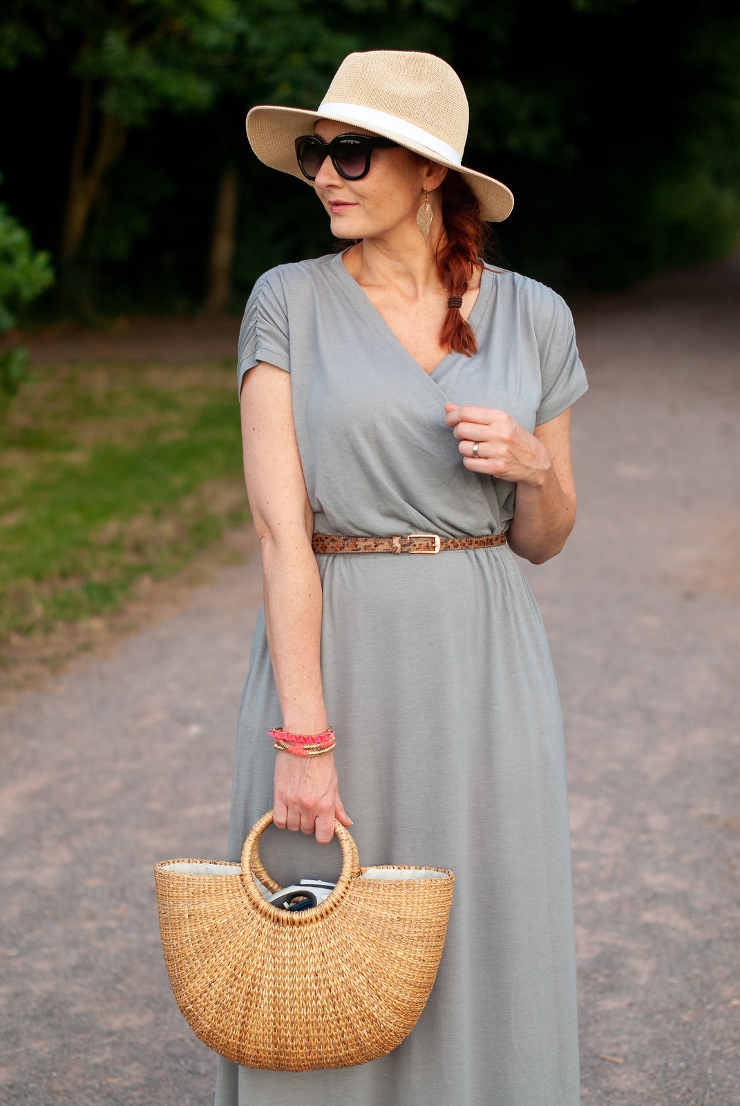 How to Keep Cool in the Summer and Still Cover Up \ grey Hot Squash maxi dress with CoolFresh fabric \ floppy straw hat \ straw basket bag \ black cat eye sunglasses \ strappy flat sandals | Not Dressed As Lamb, over 40 fashion