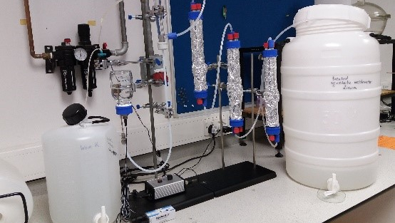 Lab-scale system for continuous and long term (over several months) ozonation – biofiltration studies.