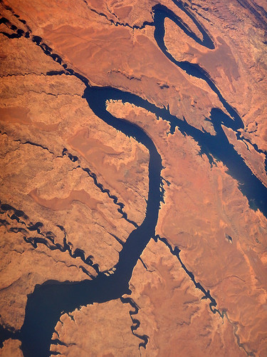 Aerial shot of a snaky blue-black river from our flight across the southwest US to Mexico City