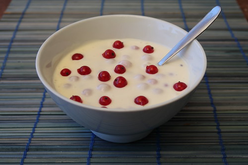 Rote Johannisbeeren in mit gezuckerter Kondensmilch angerührtem Joghurt