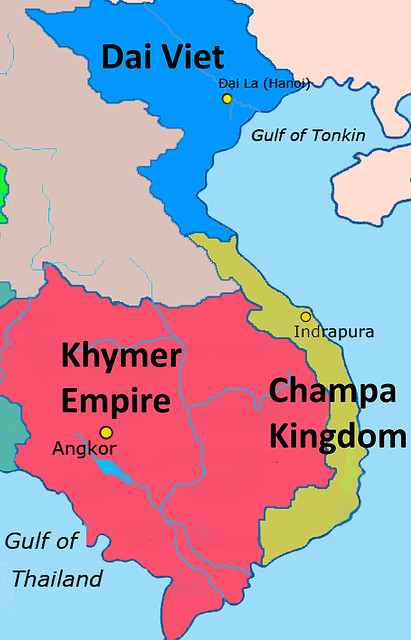Map of the earlier peoples of Vietnam, including the Dai Viet, the Champa Kingdom, and the Khymer Empire  as it was between AD 1000-1100 in Indochina
