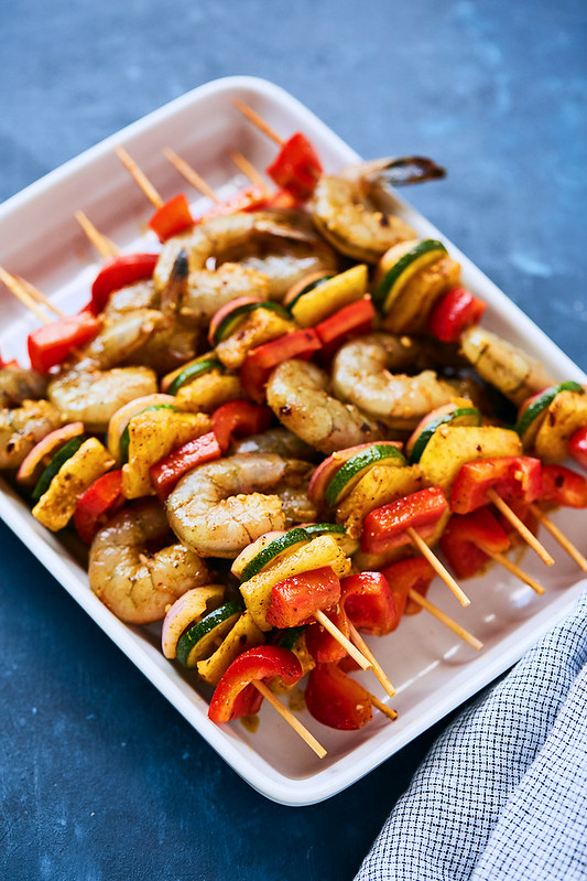 Grilled Spicy Shrimp and Veggie Skewers with Pineapple Turmeric Salsa {gluten-free, paleo, Whole30, keto}
