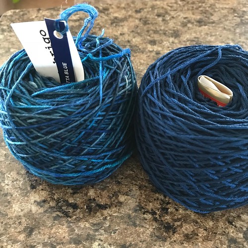 The blue on blue cakes of Malabrigo Arroyo in Regatta Blue and Butterfly Super 10 in Indigo Blue that I am going to use for the Swirl Skirt / Any Skirt KAL - July 1 to September 15th!
