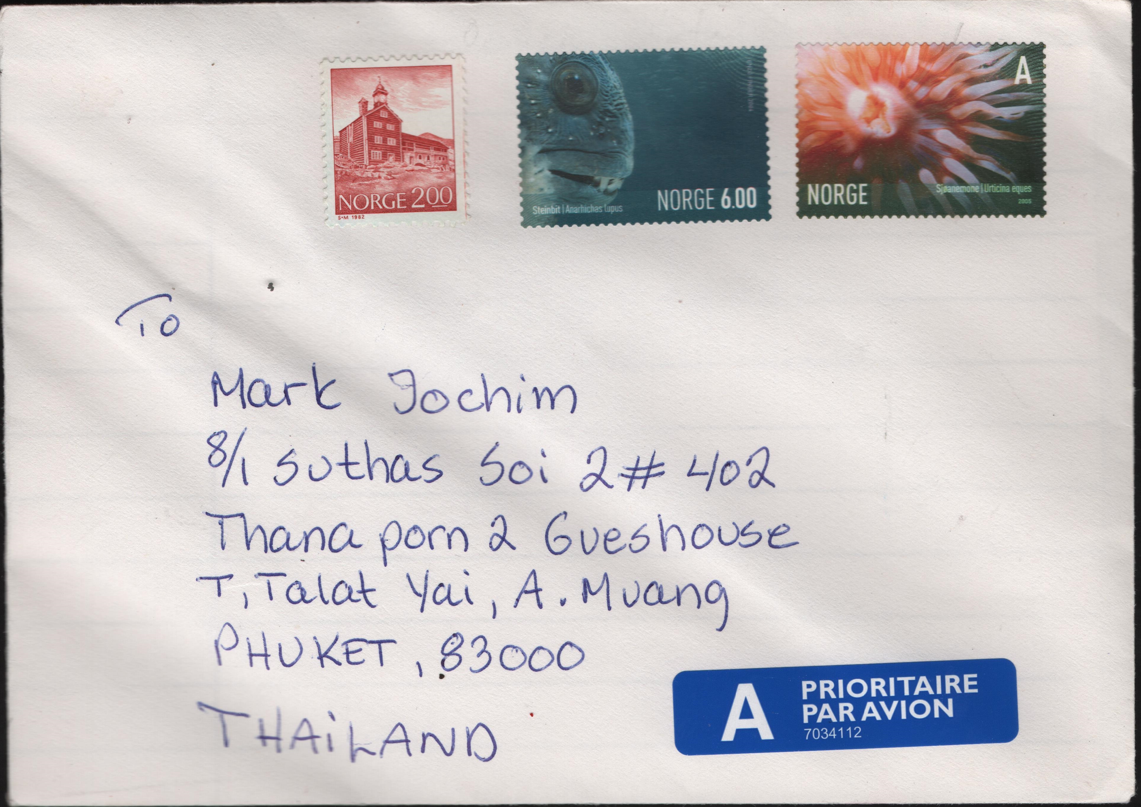 Cover received in Thailand in July 2018 bearing copies of Norway Scott #719 (1982), #1390 (2004) and #1441 (2005). Unfortunately, the cover didn't receive a single postal marking.