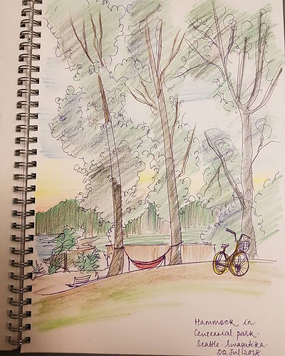 Quick sketch in centennial park. The hammock, the wind swept trees, sunset and the bike made a nice landscape .. #centennialpark #hammock #bicycle #ofobike #sunset #landscape #pencilcolors #prismacolorpremier #uskseattle #urbansketchers