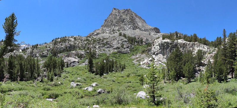 The Sam Mack Meadow Trail crosses the Big Pine Creek outflow from Fifth Lake and heads upward to the left
