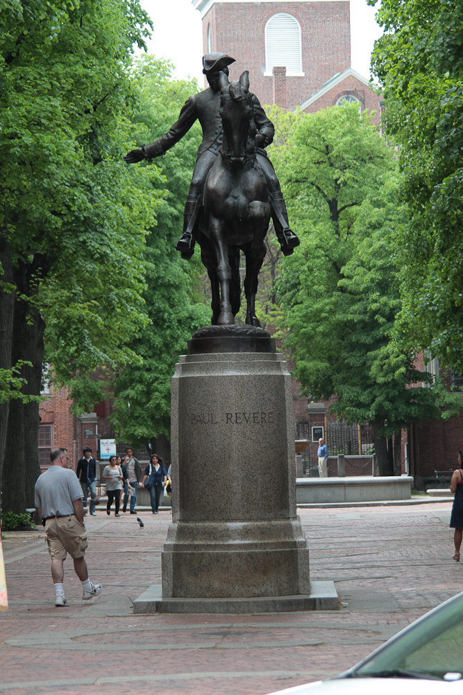 Paul Revere (1940) by Cyrus Edwin Dallin, North End, Boston, Massachusetts. The Old North Church is visible in the background. Photo taken on May 15, 2010.