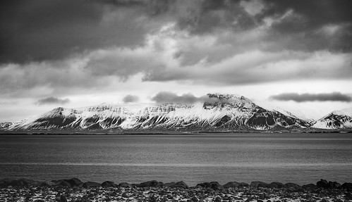 iceland landscape black white blackandwhite bnw dark clouds sky mountain ocean water rocks land esja
