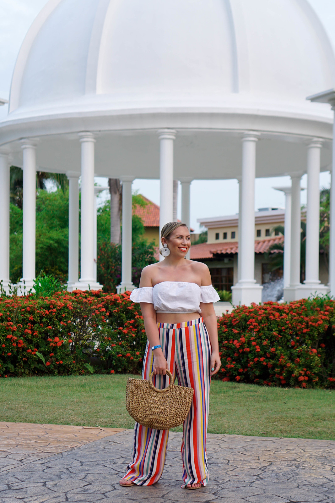 White Off Shoulder Crop Top Rainbow Striped Wide Leg Pants Tropical Vacation Outfit Punta Cana Holiday Summer 