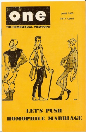 Cover of One Magazine saying Let's Push Homophile Marriage