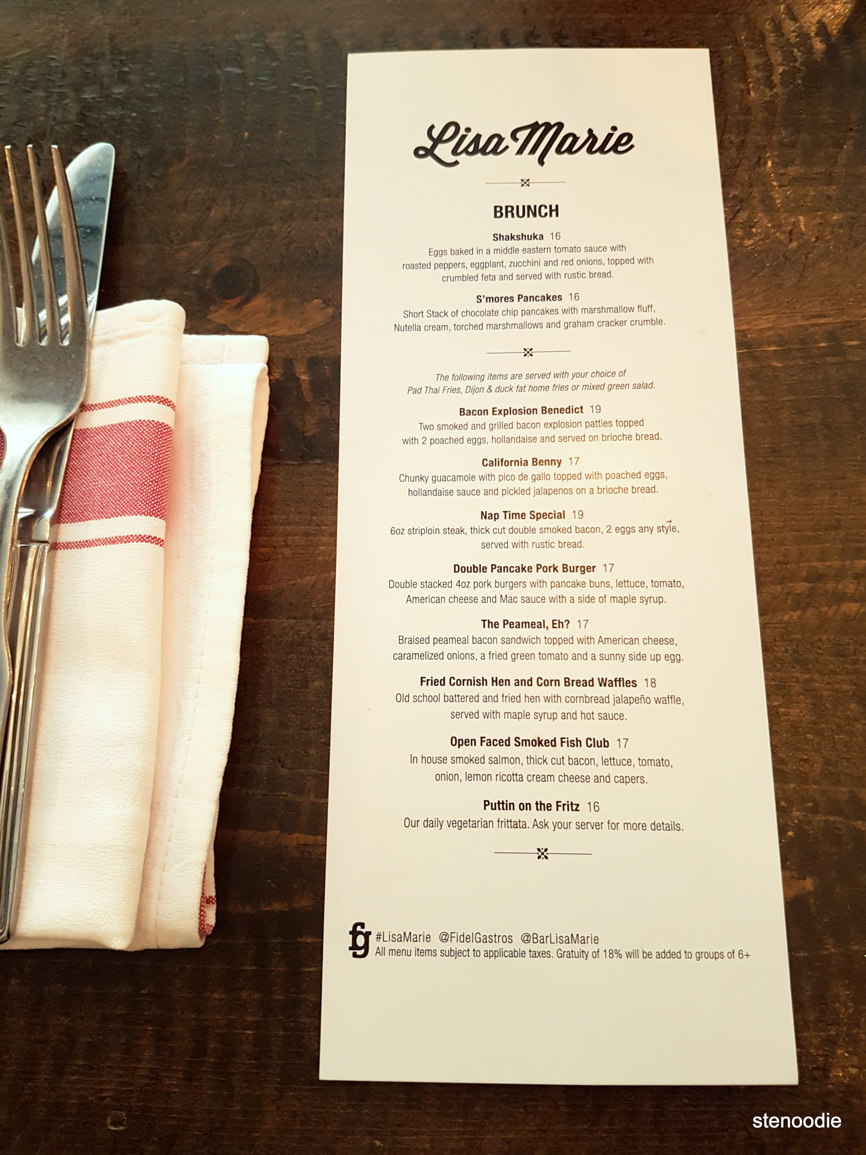 Lisa Marie brunch menu and prices