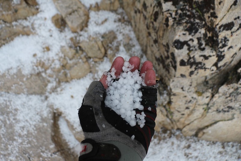Quarter-inch hailstones in my gloved hand - they were up to two inches deep on the John Muir Trail