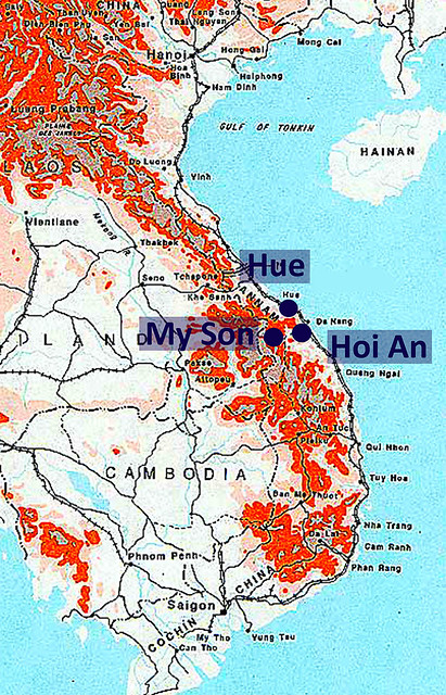 Position of Hoi An, My Son, and Hue in relation to the rugged topography of Vietnam as it was in 1954