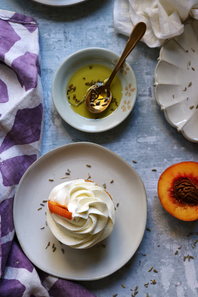 Peach Olive Oil Cupcakes with Lavender Mascarpone Frosting