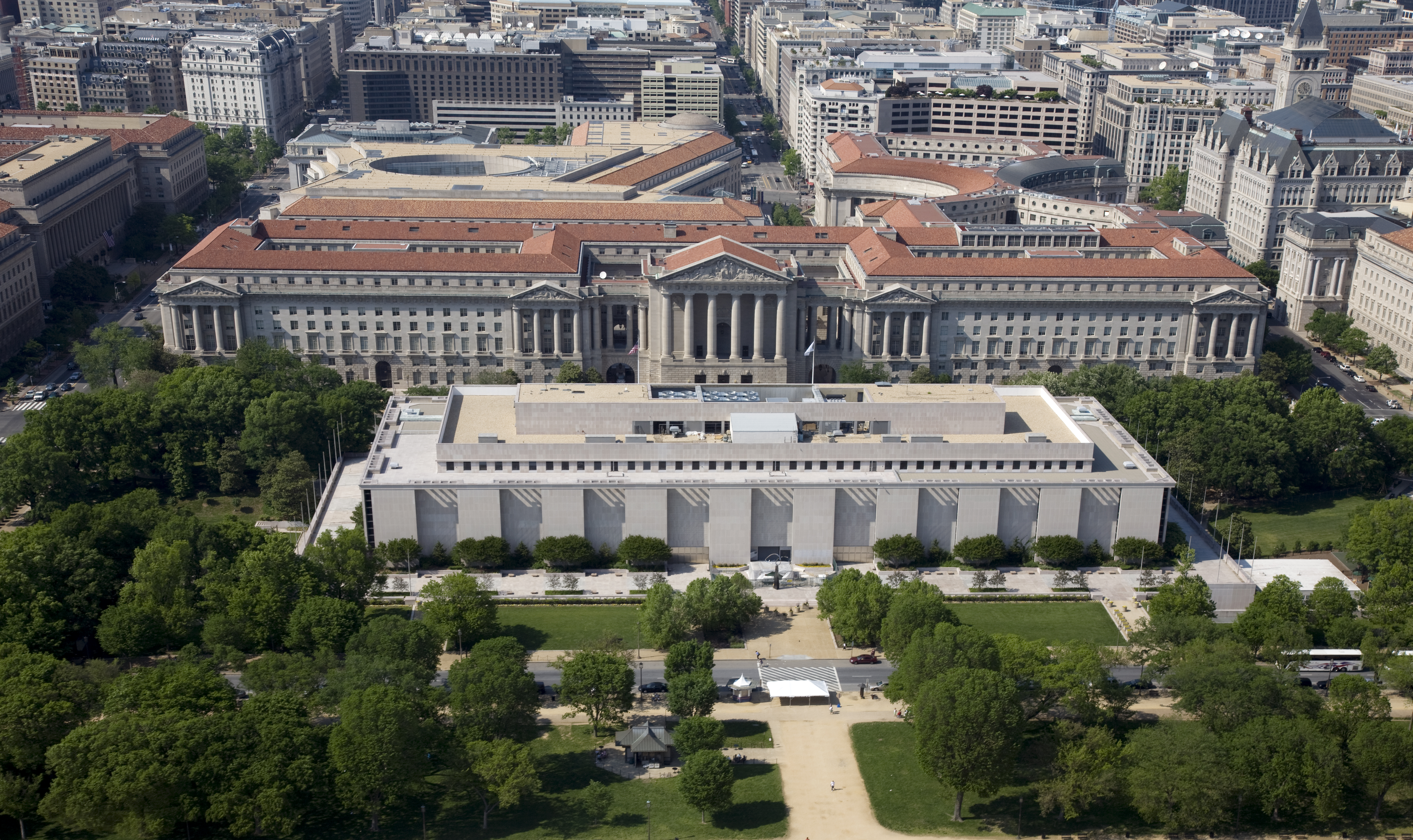 Aerial view of the National Museum of American History, located on the National Mall in Washington, D.C. The Andrew W. Mellon Auditorium, among other buildings in the Federal Triangle, is visible in the background. Photo taken on May 5, 2008.