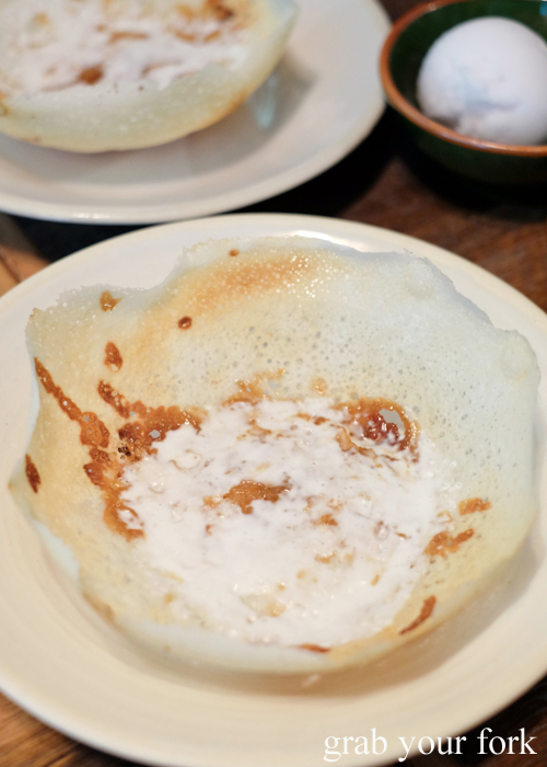 Milk hopper with jaggery and coconut milk by O Tama Carey at Lankan Filling Station in East Sydney