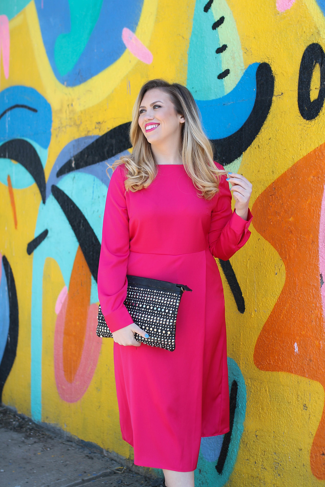 Hot Pink Satin Midi Dress Studded Clutch Hot Pink Lipstick Spring Outfit Living After Midnite Jackie Giardina Style Fashion Blogger
