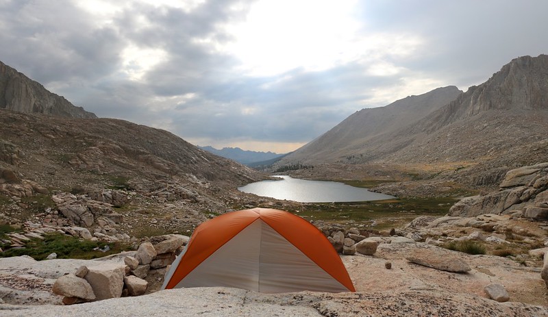 My tent and campsite with excellent views at the small pond above Guitar Lake on the John Muir Trail