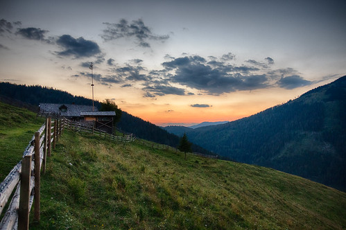 austria styria house fence alpinehut sky sunset clouds landscape rural mountain mountainside hiking hdr scenery