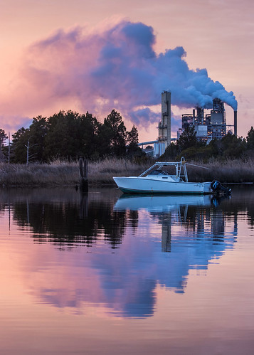 factory georgetown usa southcarolina river water reflection boat smoke vehicle sunset