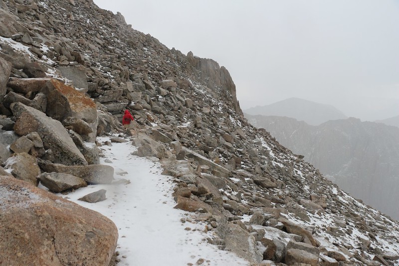 The trail is deep in hailstones as we head down to Trail Crest on the John Muir Trail