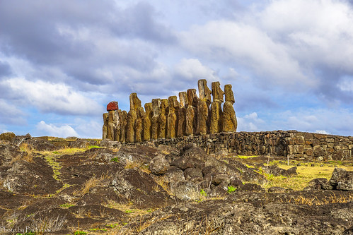 travel chile polynesia rapanui easterisland sky cloud landscape grass stone ancient moai sculpture ahutongariki ruins