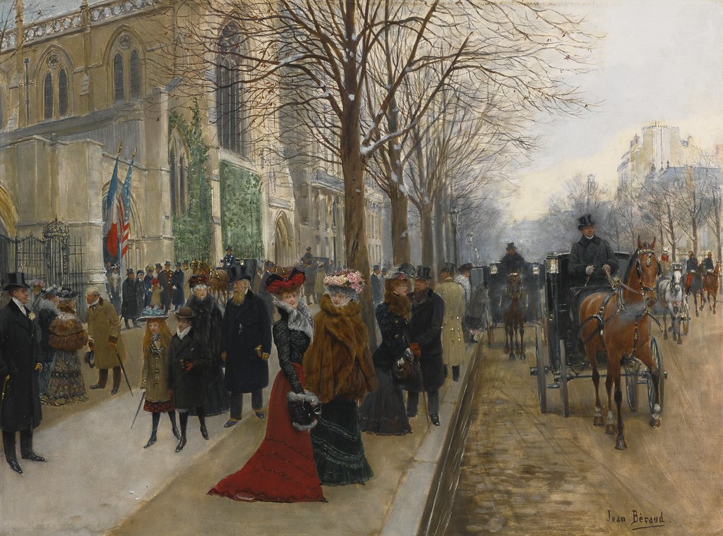 Jean Beraud «Après l'Office à l'Église de la Sainte-Trinité, Paris, Noël», 1890 г.