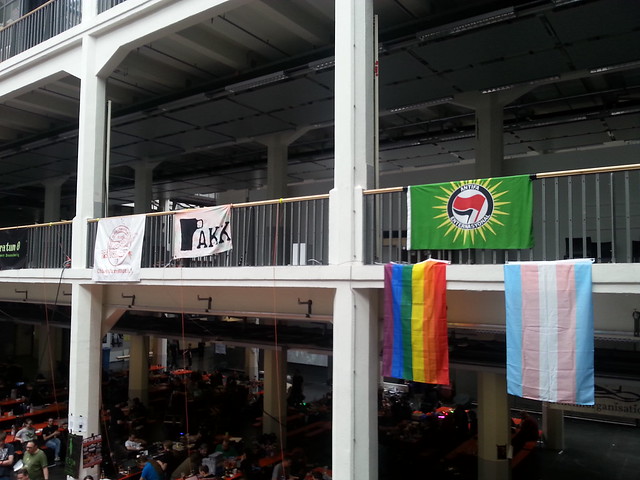 Rainbow, trans, antifa flags at GPN18