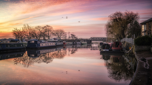 boat calm cloud colour ely goldenhour peaceful reflected reflection river riverside sun sunrise water