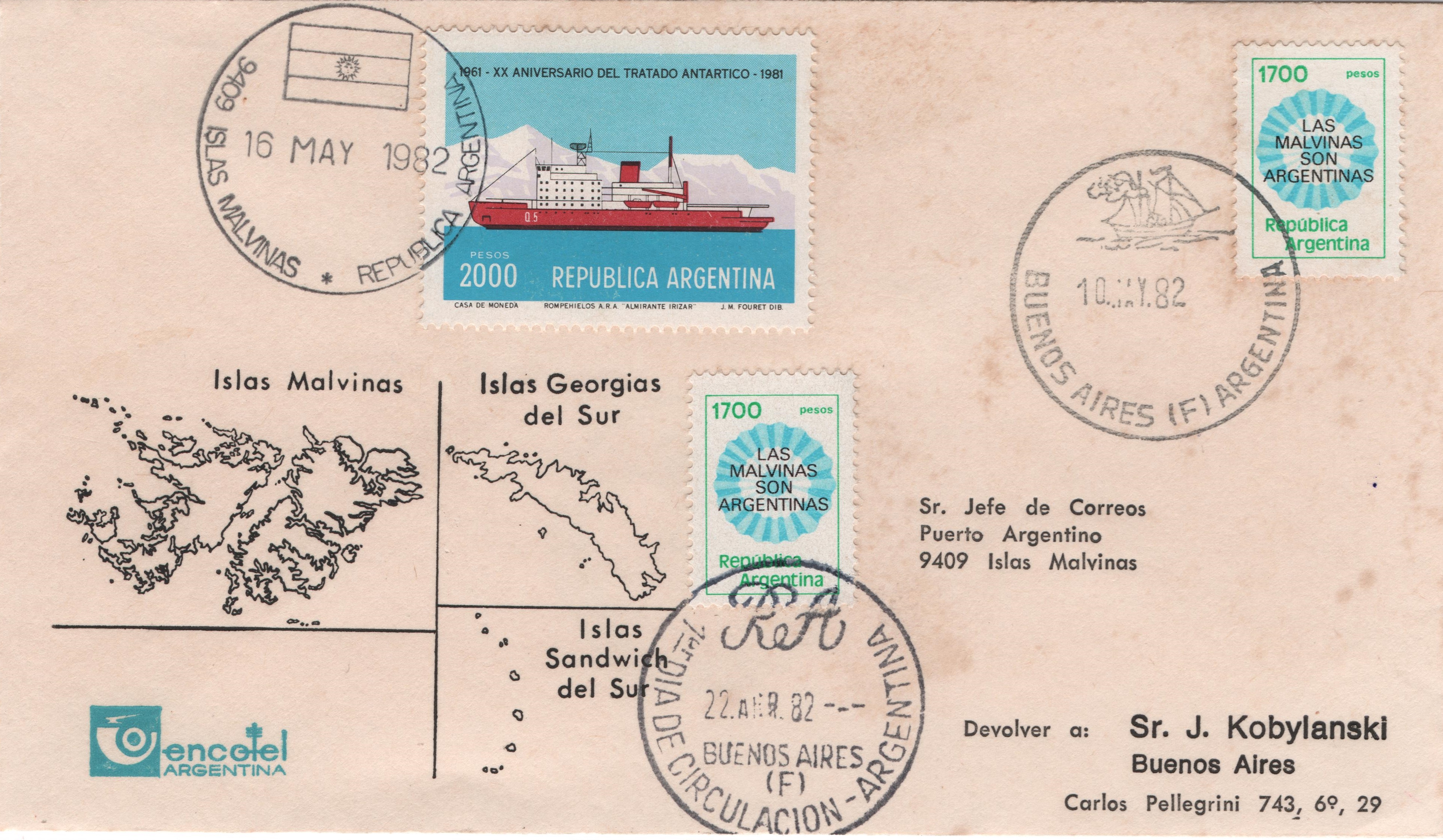 Twice-used philatelic cover bearing 2 copies of Scott #1338 plus 1981 stamp commemorating an Antarctic treaty (Scott #