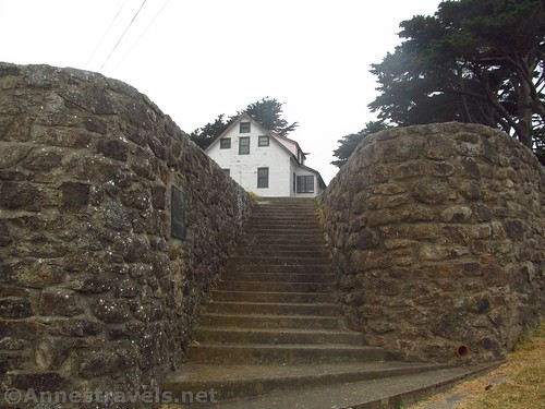 Up the stairway to the house used by the lifesaving personnel. Allow the current people who live in it their privacy. We stayed on the road. Point Reyes National Seashore, California