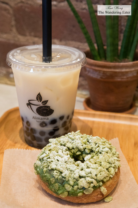 Jasmine mint bubble tea with tapioca and matcha mochi donut