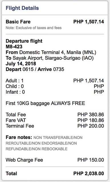 Manila to Siargao SkyJet Airlines July 14, 2018 One-way Fare