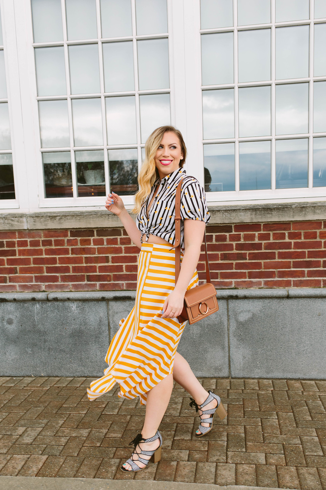 Striped midi skirt and striped blouse outfit