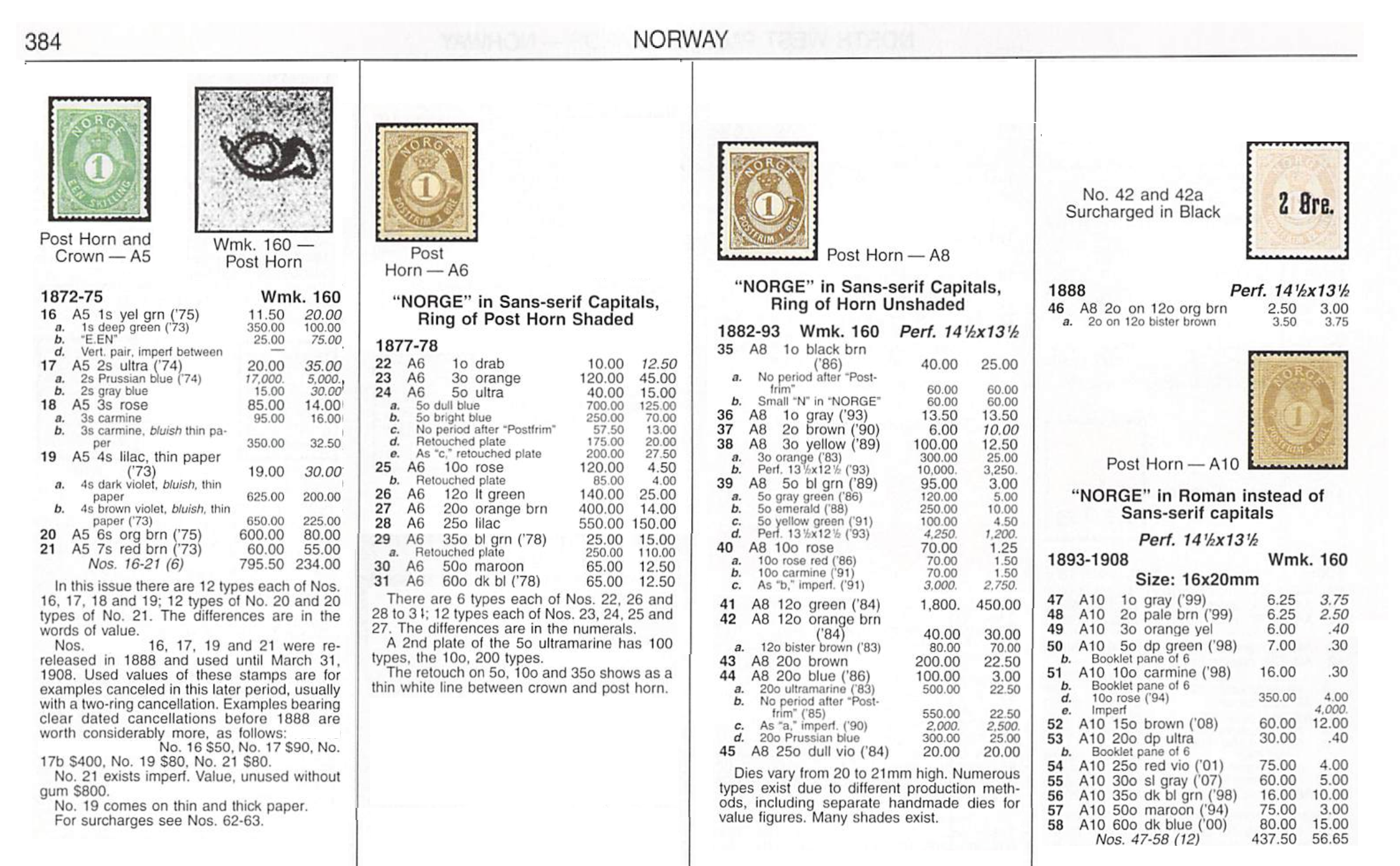 Scott catalogue listings for the first 26 years of Norway's Post Horn series, 1872-1908.