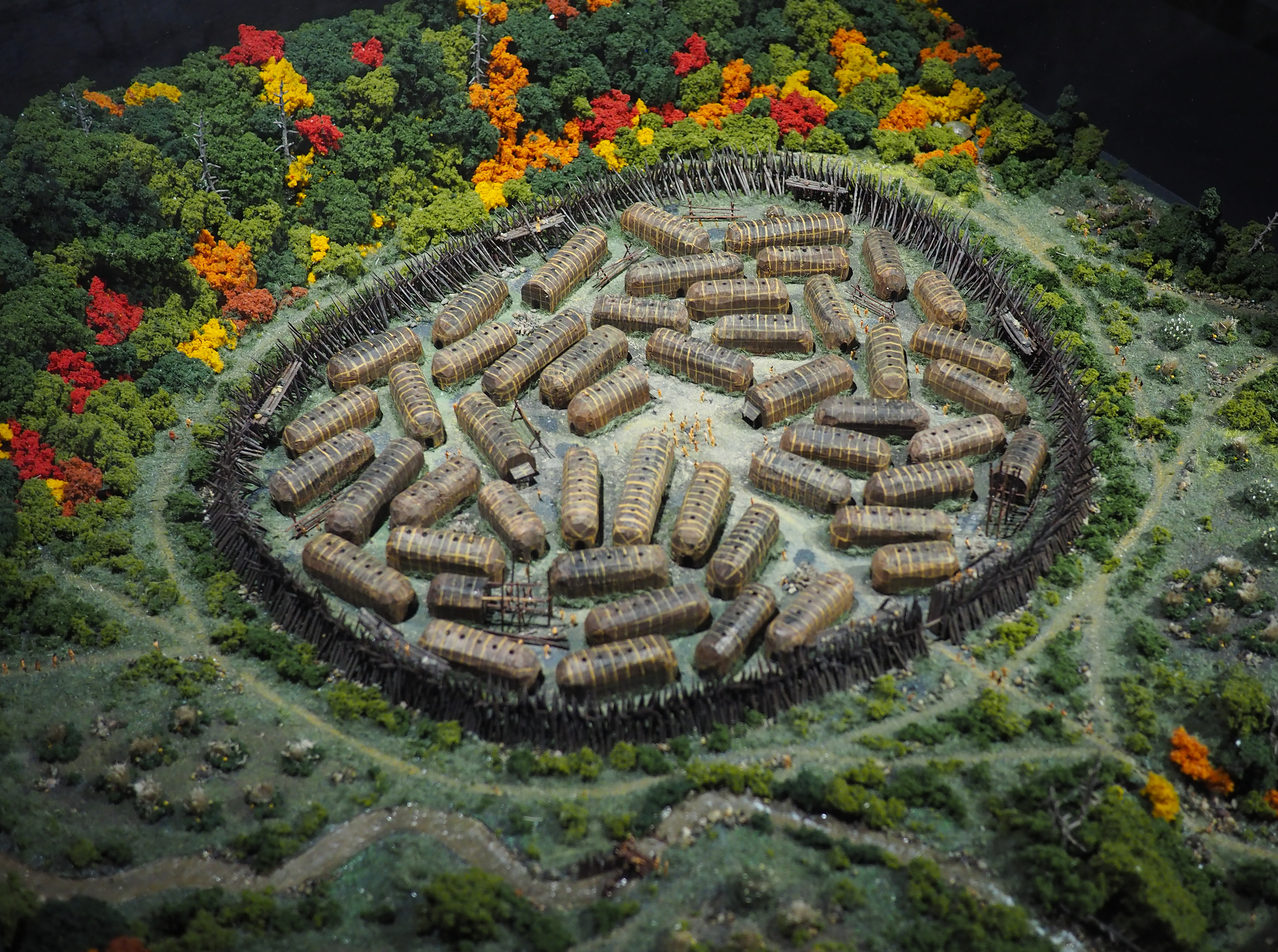 Model of the Iroquoian village of Hochelaga, from the descriptions of Jacques Cartier and other Quebec archaeological sites. Artist: Michel Cadieux. Photographed on January 6, 2018.